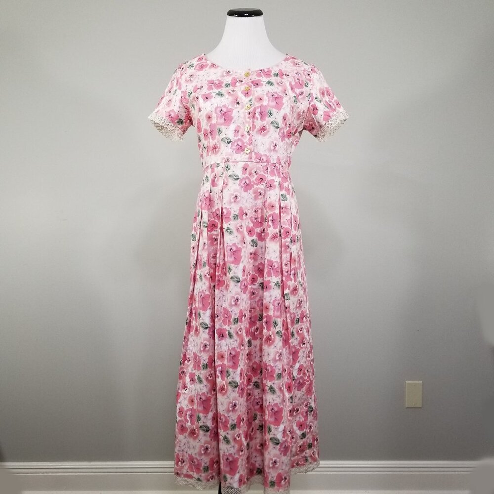 VTG Handmade Cottagecore Dress XS Pansy Floral Pink Boho Lace Embellished Midi
